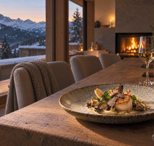 Seared scallops with truffle on a stoneware plate in an alpine chalet at sunset