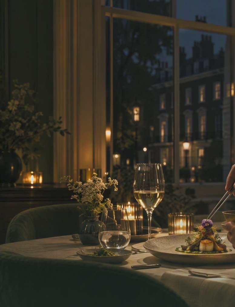 Candlelit private dinner table beside a window overlooking London townhouses